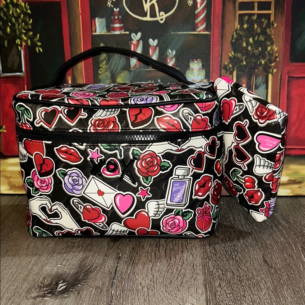 Betsey Johnson Black and Pink Floral Cosmetic Bag with Matching Wristlet